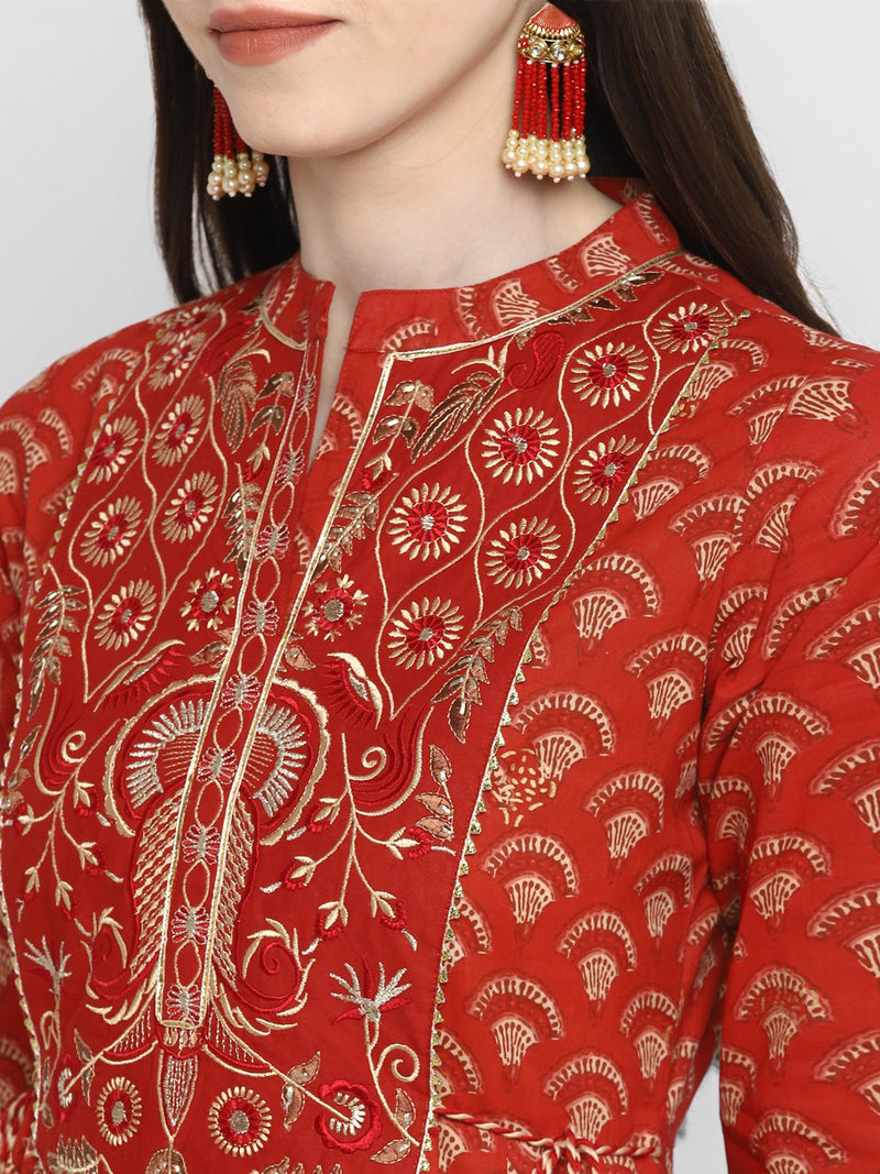 Red Embroidered Anarkali Cotton Kurta