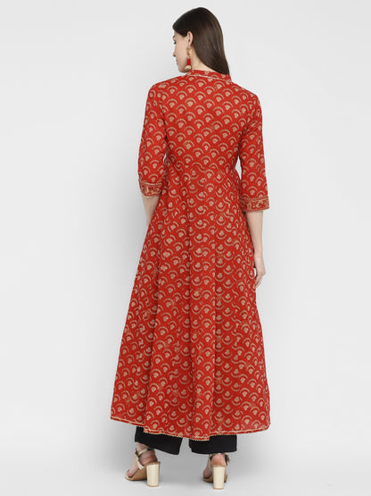 Red Embroidered Anarkali Cotton Kurta