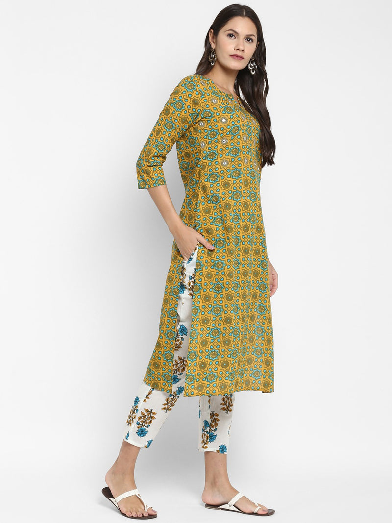 Mustard Embroidered Straight Cotton Kurta Pant