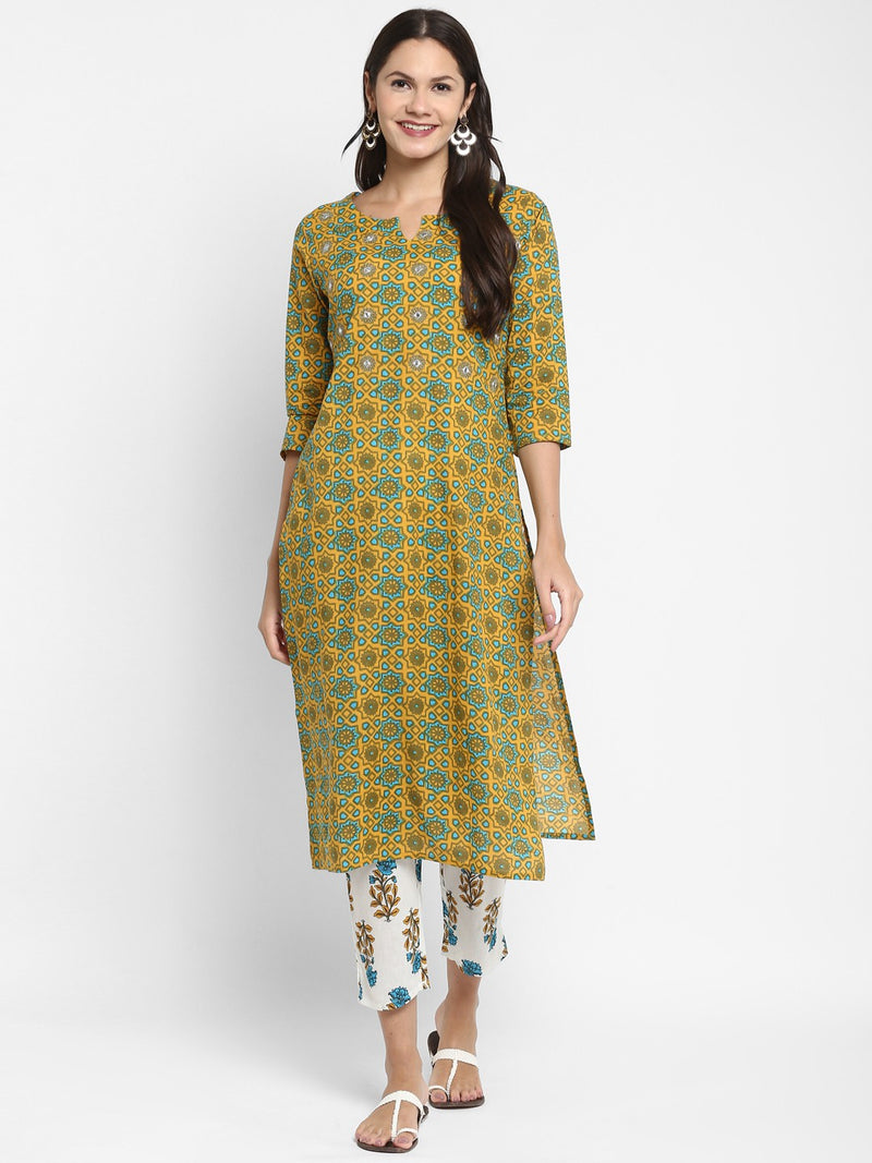 Mustard Embroidered Straight Cotton Kurta Pant