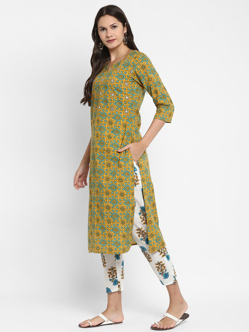 Mustard Embroidered Straight Cotton Kurta Pant