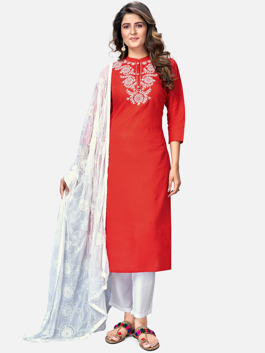 Red Embroidered Straight Rayon Kurta Set