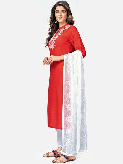 Red Embroidered Straight Rayon Kurta Set