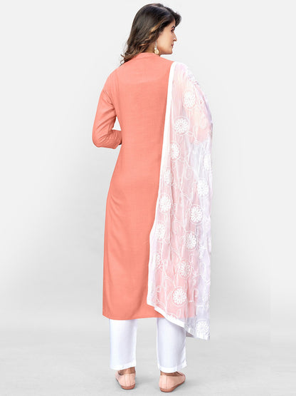 Pink Embroidered Straight Rayon Kurta Set