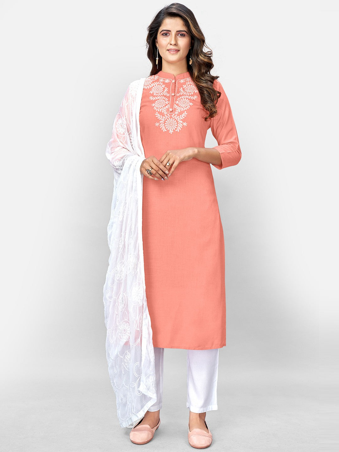 Pink Embroidered Straight Rayon Kurta Set