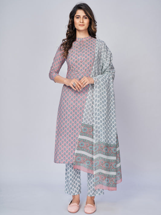 Light Pink Sequience Straight Cotton Kurta Set