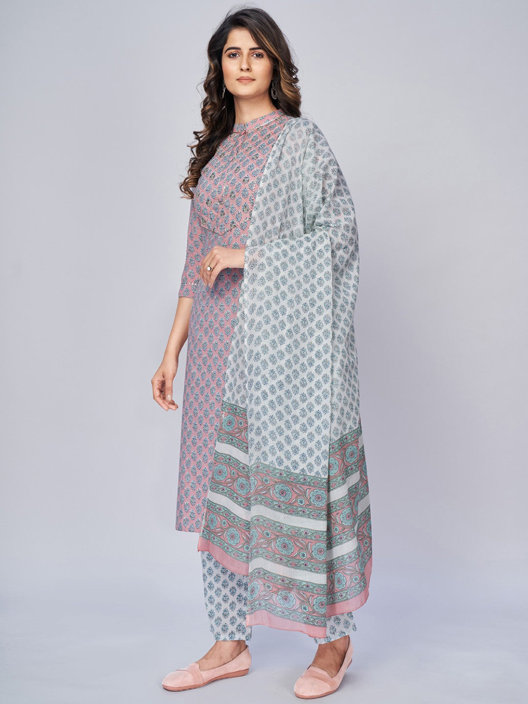 Light Pink Sequience Straight Cotton Kurta Set