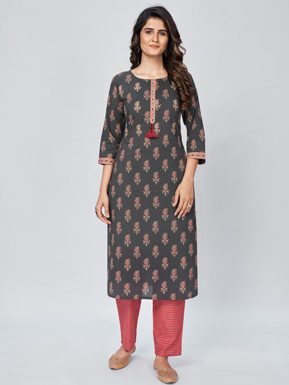 Grey Embroidered Straight Cotton Kurta Set