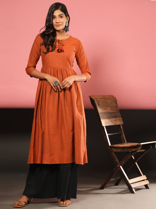 Orange Printed A-Line Yarn Dyed Kurta