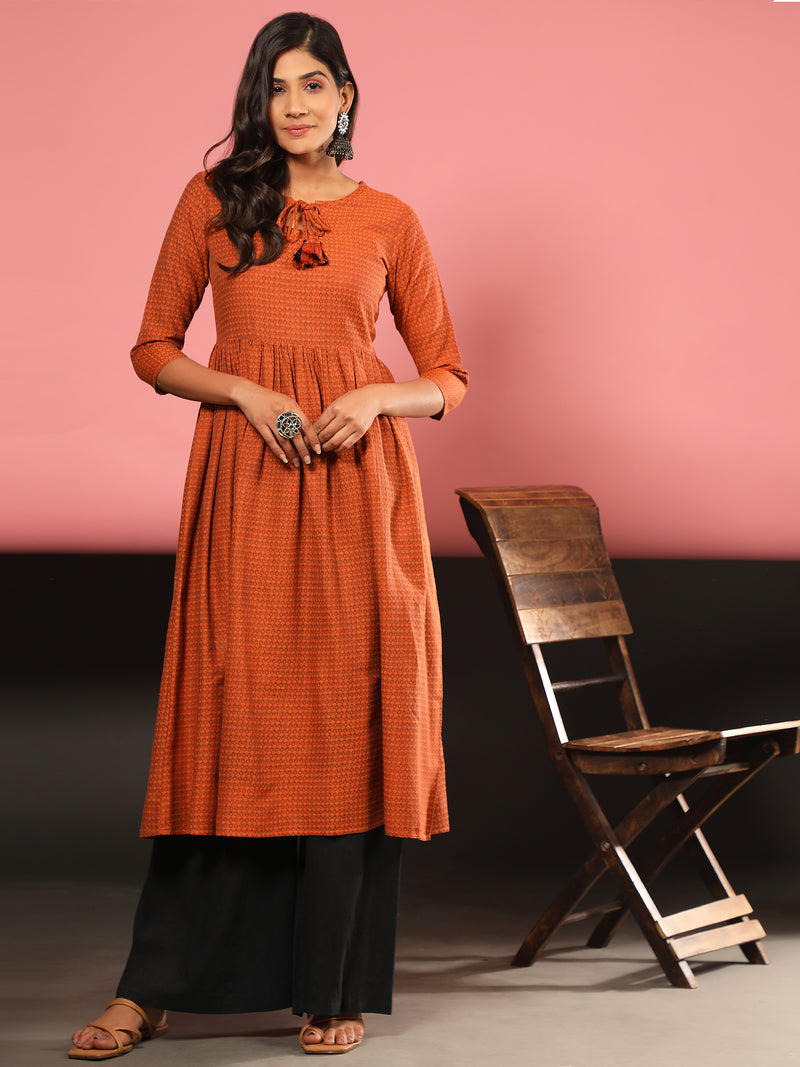 Orange Printed A-Line Yarn Dyed Kurta