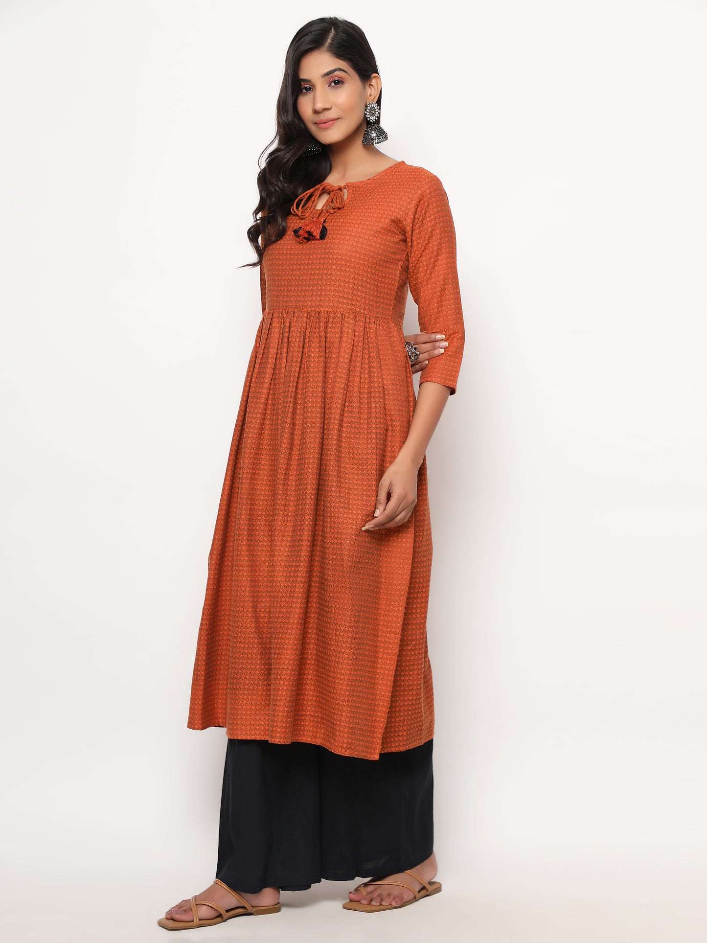 Orange Printed A-Line Yarn Dyed Kurta