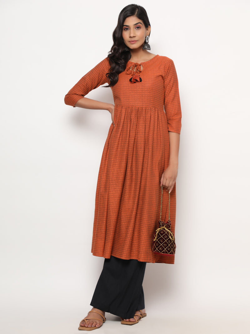 Orange Printed A-Line Yarn Dyed Kurta