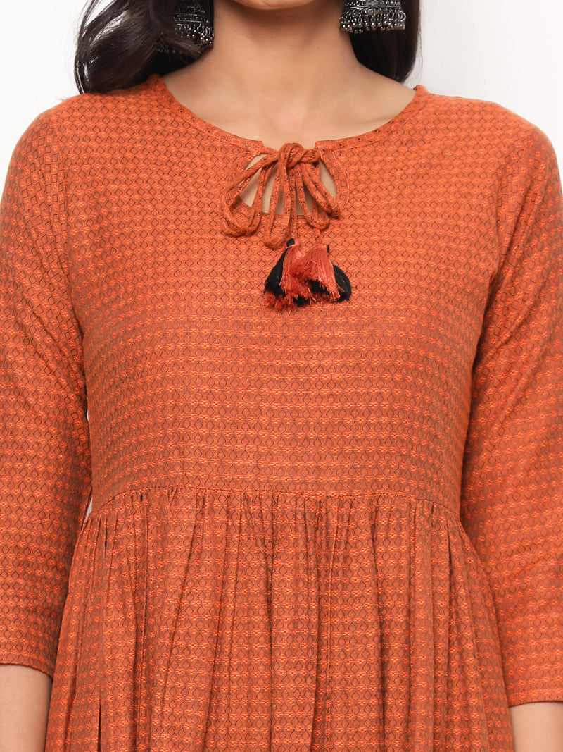 Orange Printed A-Line Yarn Dyed Kurta