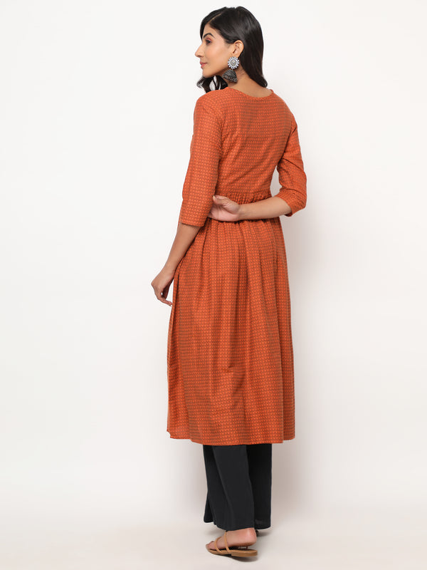 Orange Printed A-Line Yarn Dyed Kurta