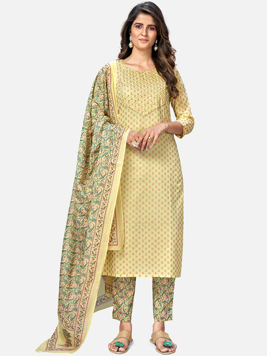 Yellow Embroidered Straight Cotton Kurta Set