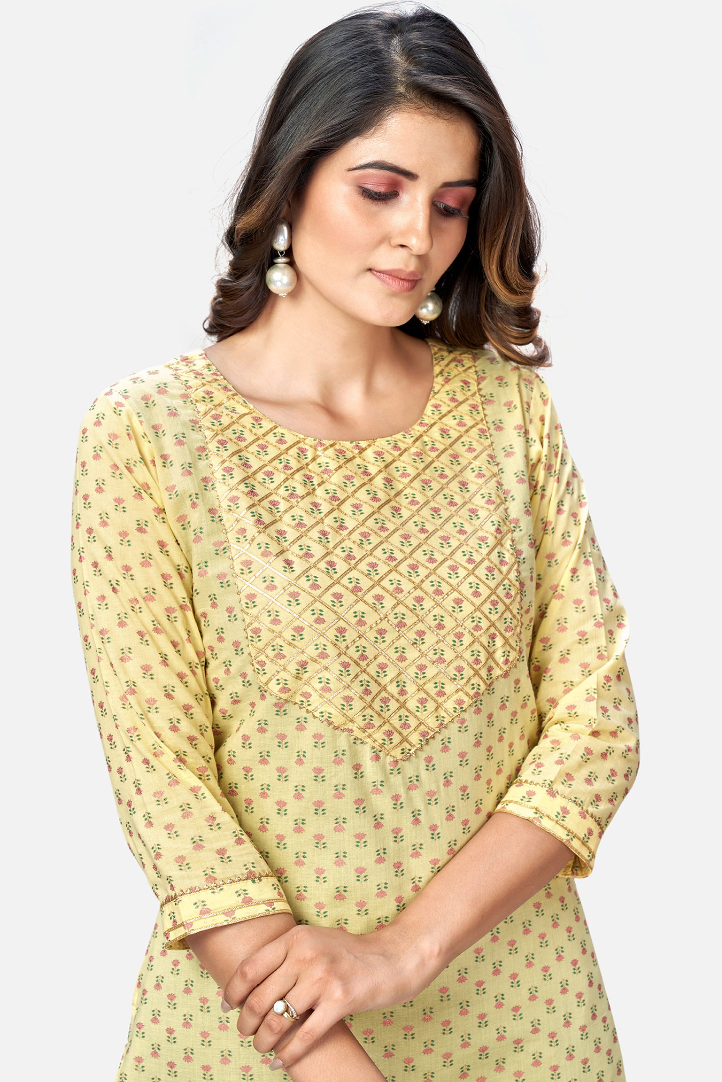 Yellow Embroidered Straight Cotton Kurta Set