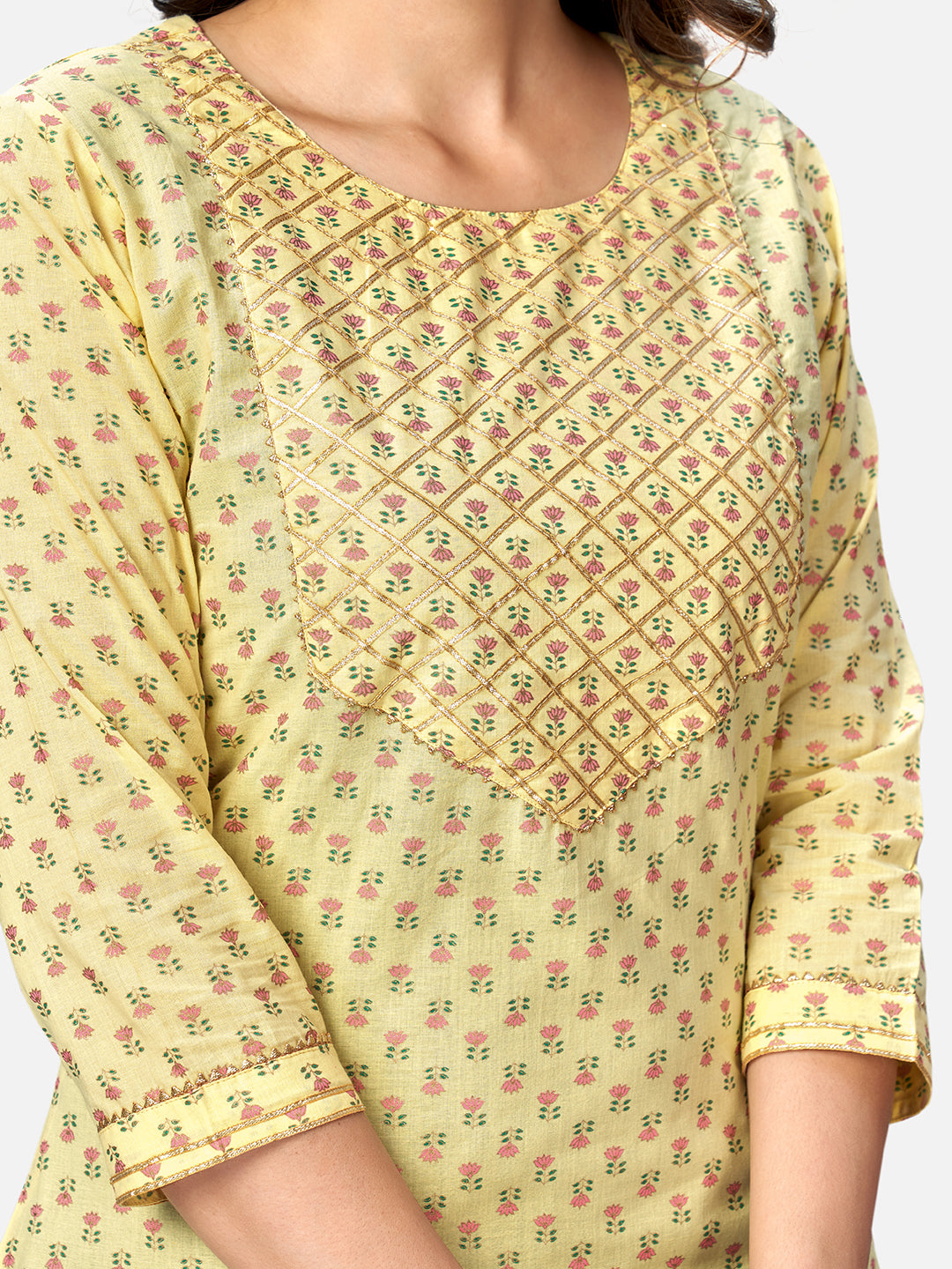 Yellow Embroidered Straight Cotton Kurta Set