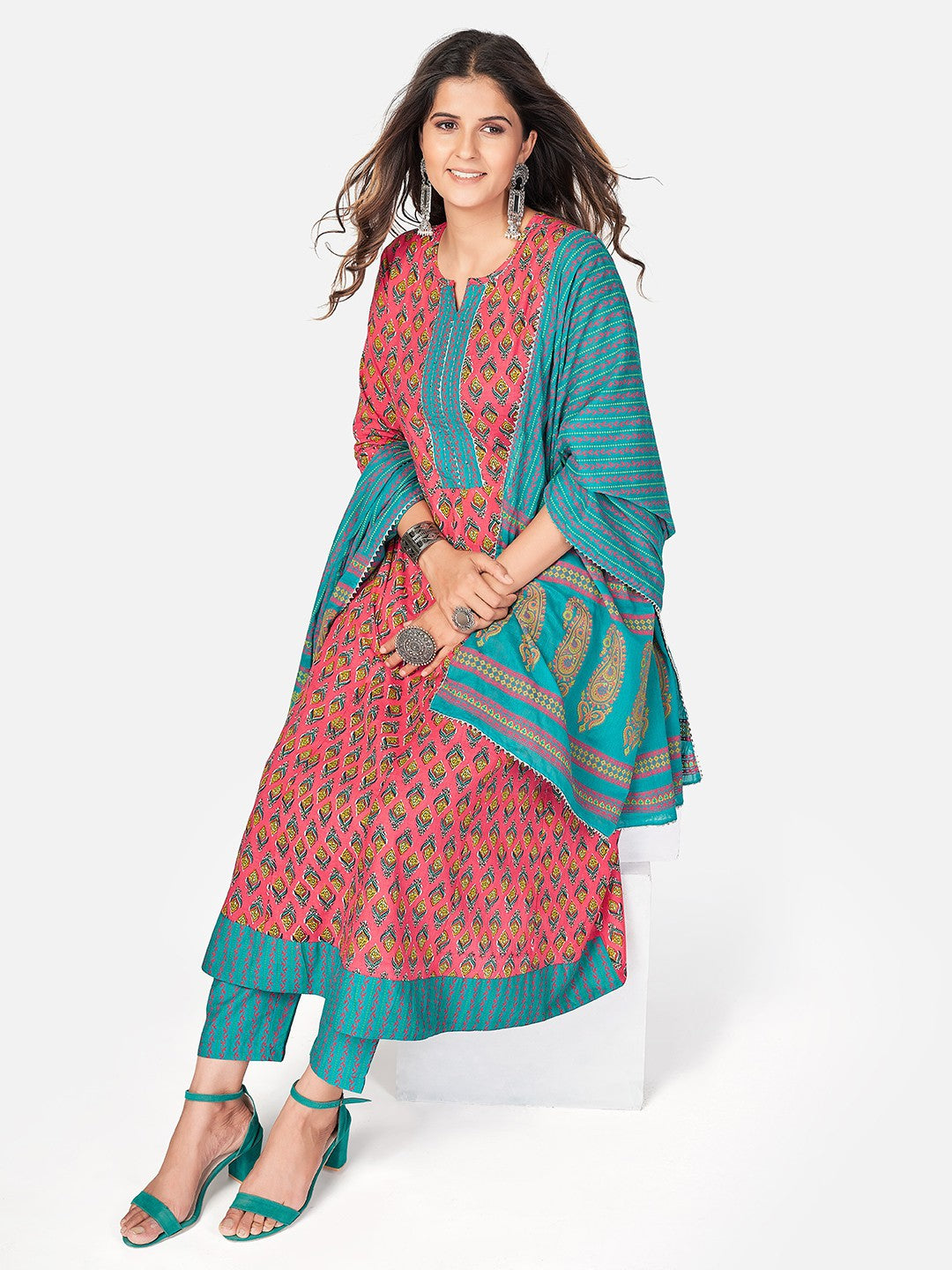 Pink Printed A-Line Cotton Kurta Set