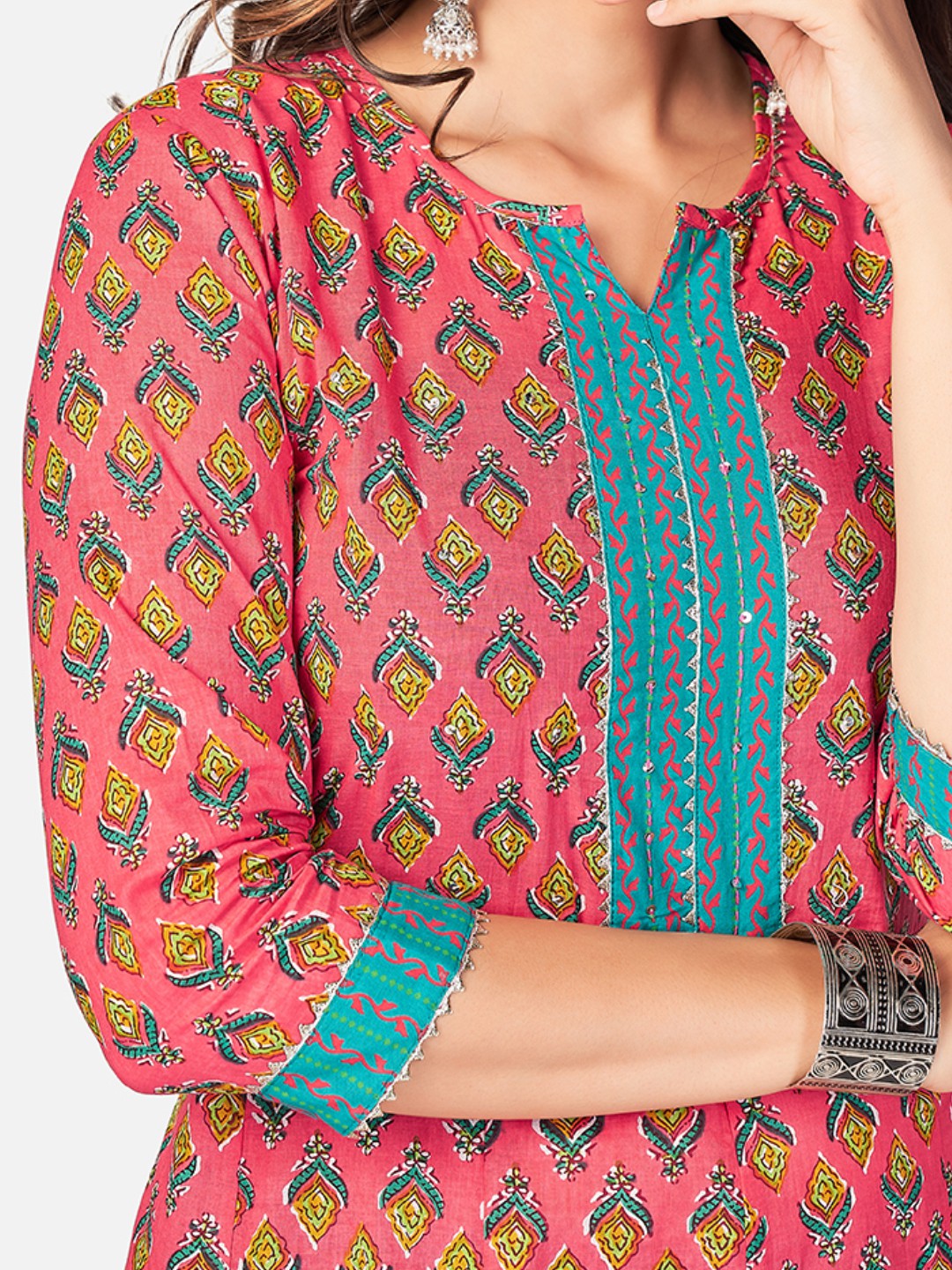 Pink Printed A-Line Cotton Kurta Set