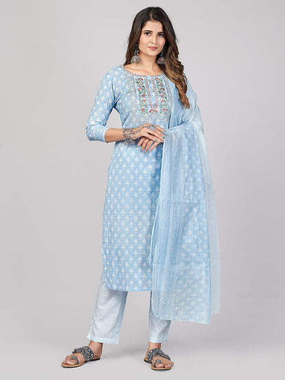 Sky Blue Embroidered Straight Cotton Kurta Set