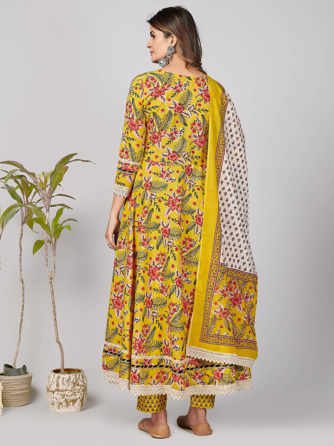 Yellow Embroidered Anarkali Cotton Kurta Set