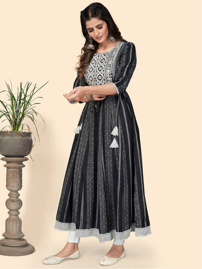 Black Embroidered Anarkali Cotton Kurta