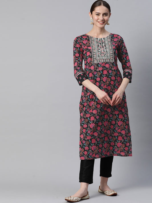 Pink Embroidered Straight Cotton Kurta