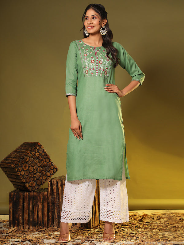 Green Embroidered Straight Cotton Blend Kurta