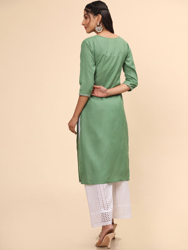 Green Embroidered Straight Cotton Blend Kurta