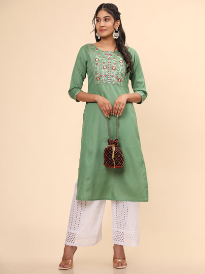 Green Embroidered Straight Cotton Blend Kurta