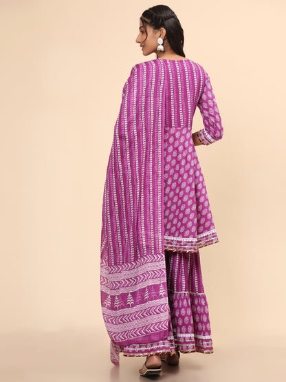 Flared Cotton Purple Kurta Set