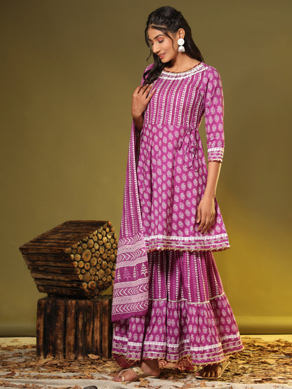 Flared Cotton Purple Kurta Set