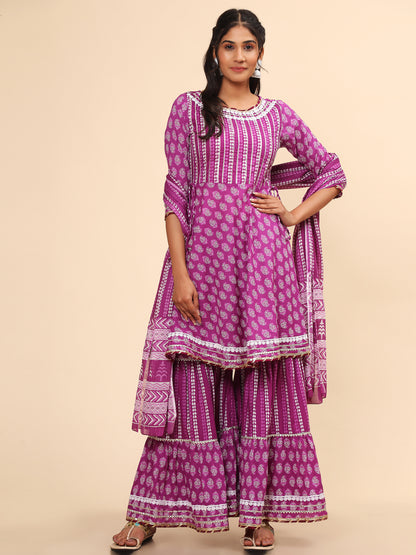 Flared Cotton Purple Kurta Set