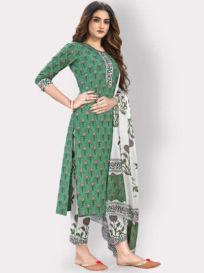 Green Straight Cotton Kurta Set