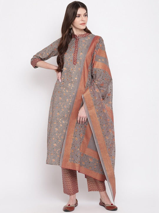 Grey Printed Straight Cotton Kurti Set