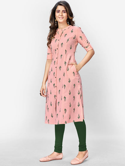 Pink Cotton Flex Printed A-Line Kurta