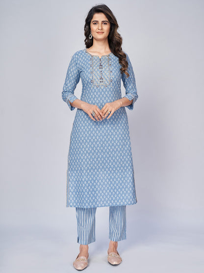 Sky Blue Embroidered Straight Cotton Kurta Set