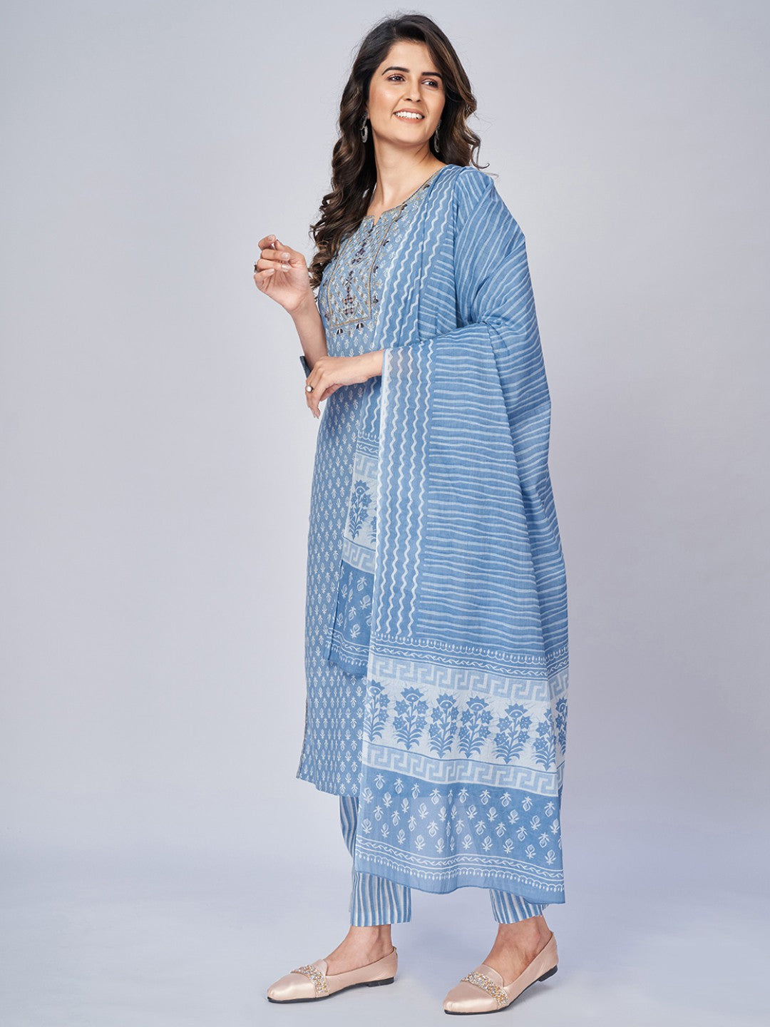 Sky Blue Embroidered Straight Cotton Kurta Set