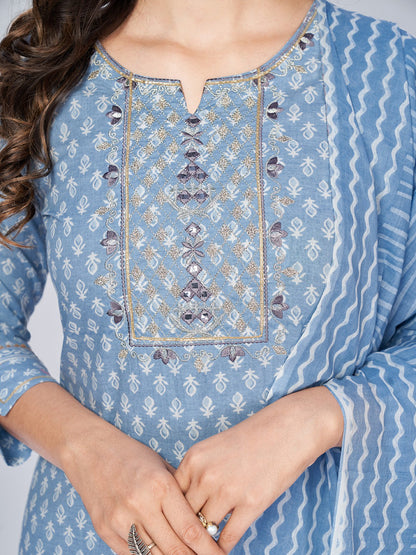 Sky Blue Embroidered Straight Cotton Kurta Set