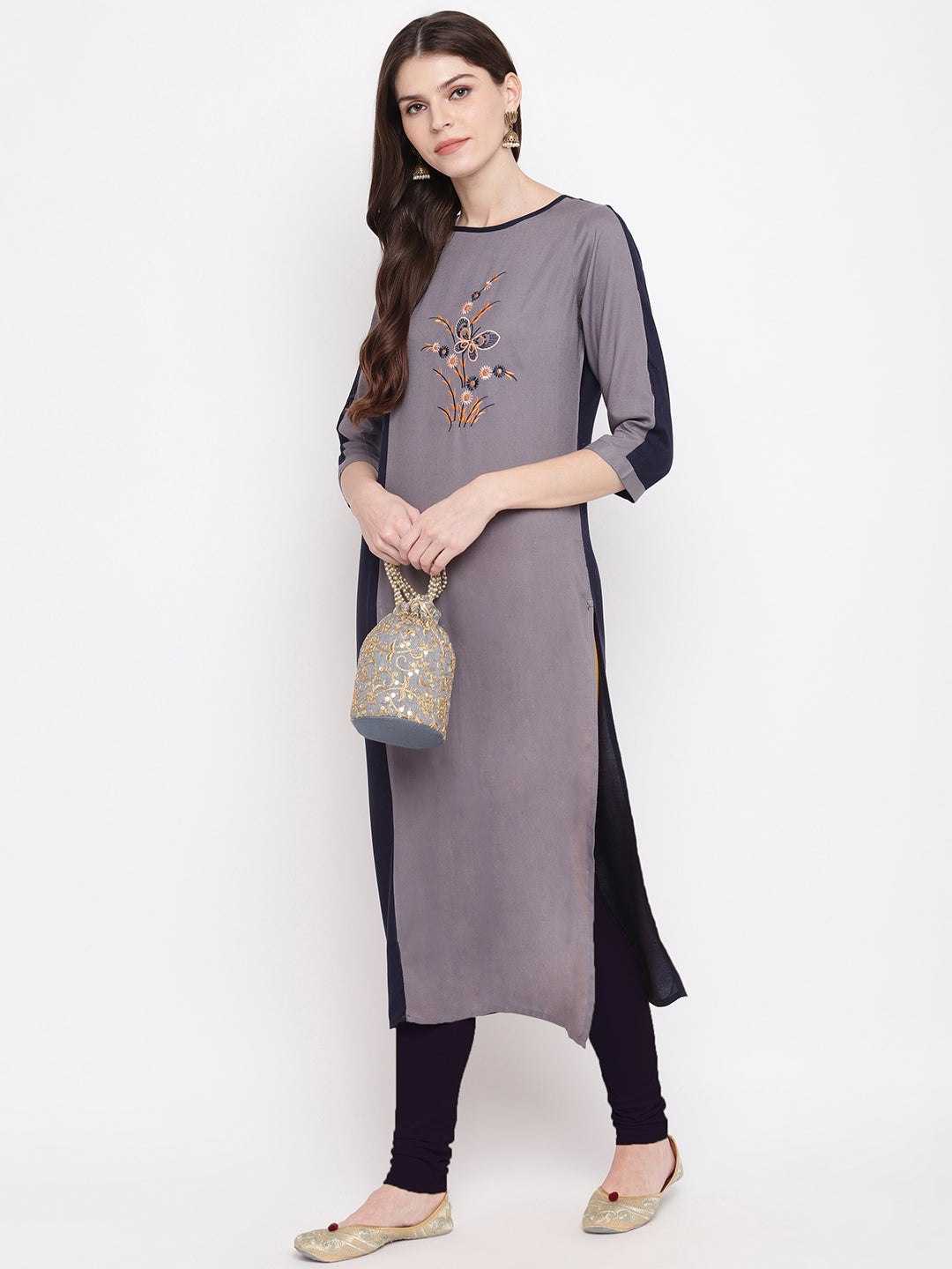 Grey & Blue Color Rayon Straight Kurti