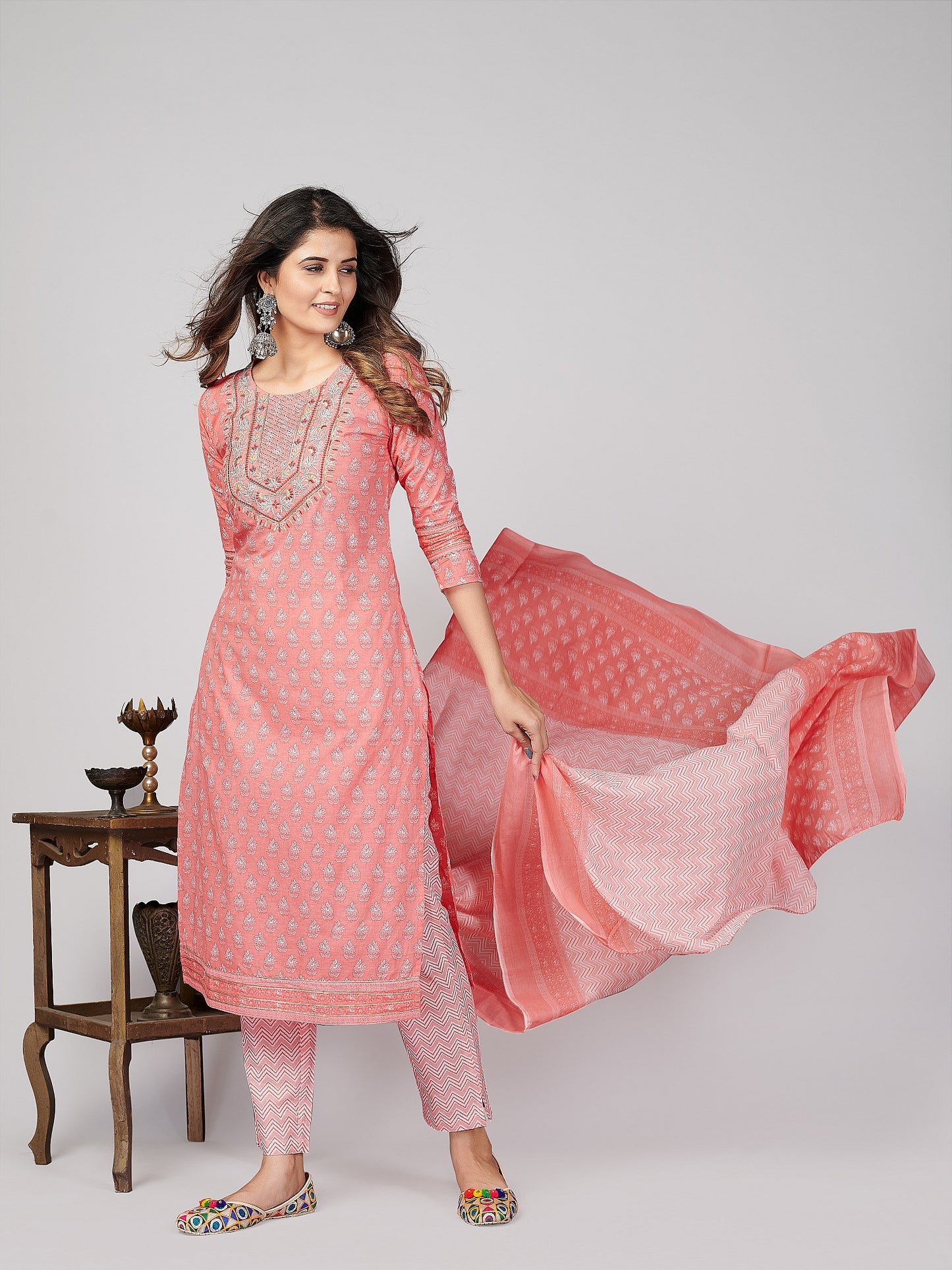 Pink Embroidered Straight Cotton Kurta Set