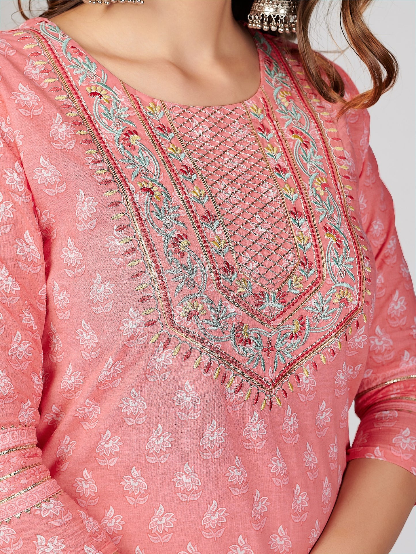 Pink Embroidered Straight Cotton Kurta Set