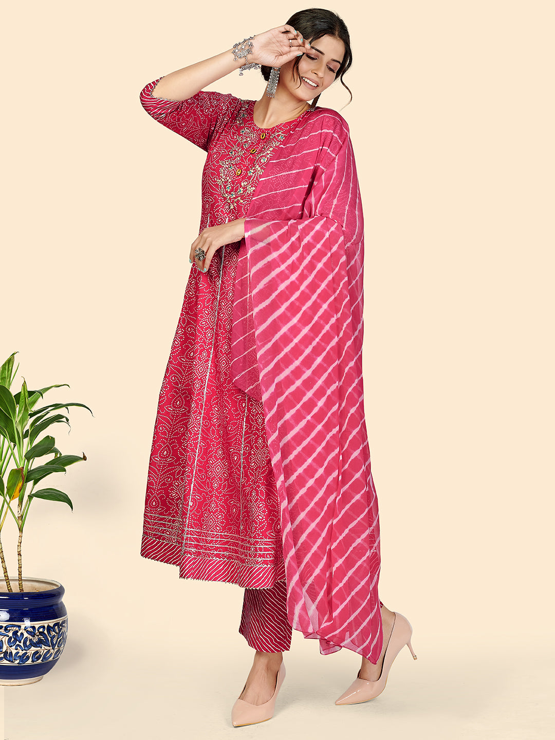 Dark Pink Bandhani Anarkali Cotton Kurta Set