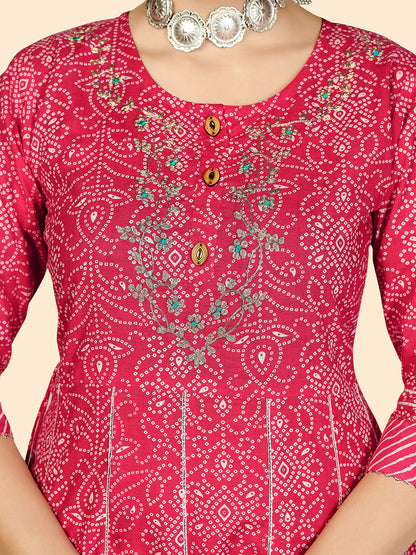 Dark Pink Bandhani Anarkali Cotton Kurta Set