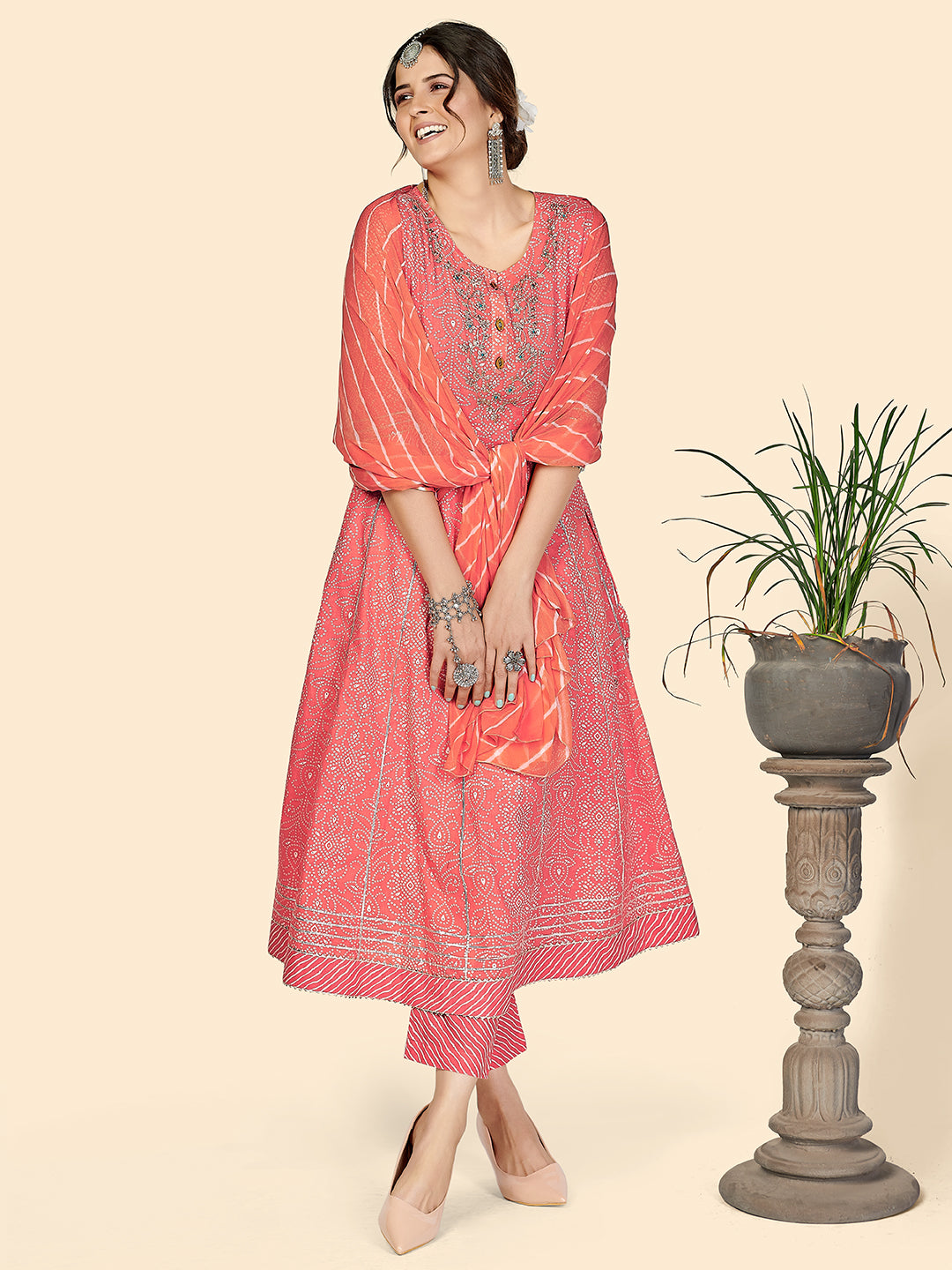 Pink Bandhani Anarkali Cotton Kurta Set