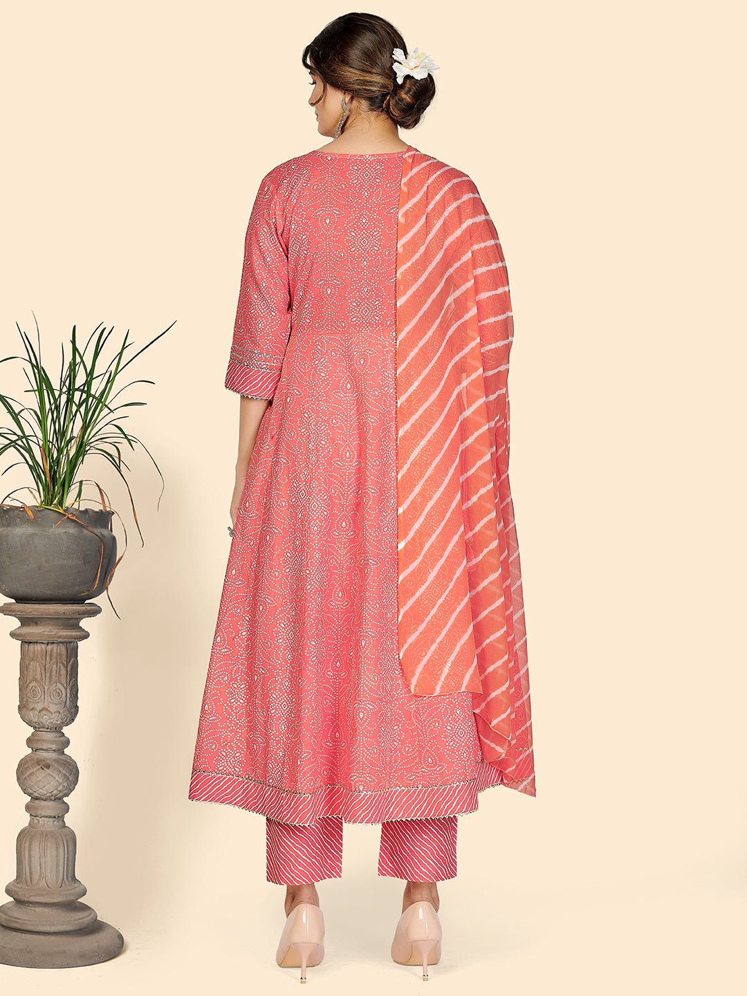 Pink Bandhani Anarkali Cotton Kurta Set