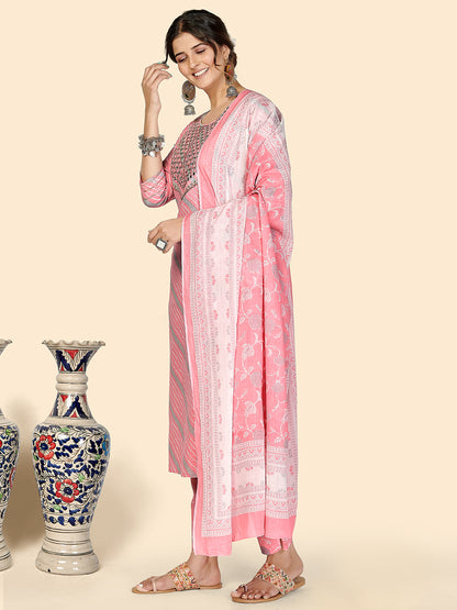 Light Pink Embroidered Straight Cotton Kurta Set