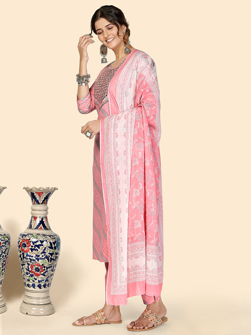 Light Pink Embroidered Straight Cotton Kurta Set