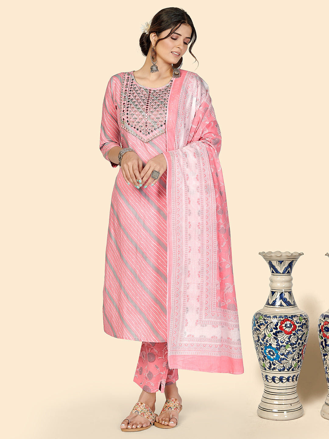 Light Pink Embroidered Straight Cotton Kurta Set