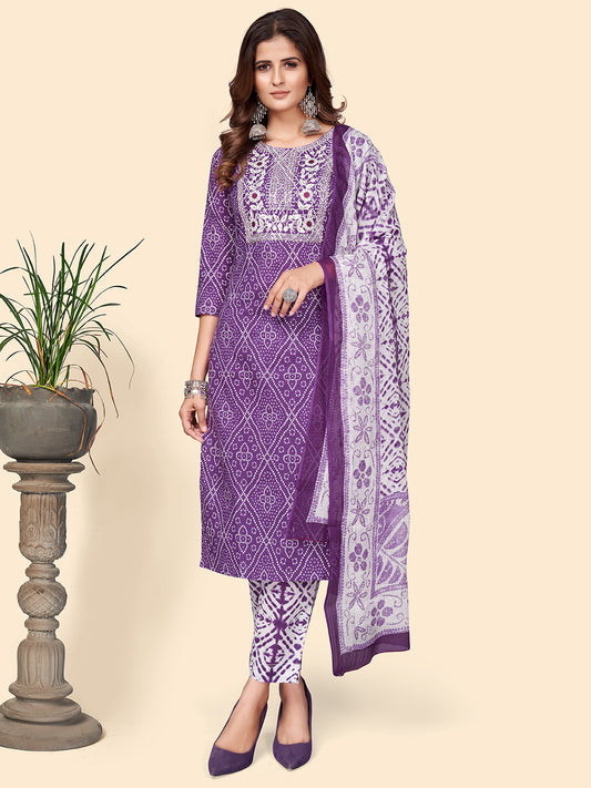 Lavender Embroidered Straight Cotton Kurta Set